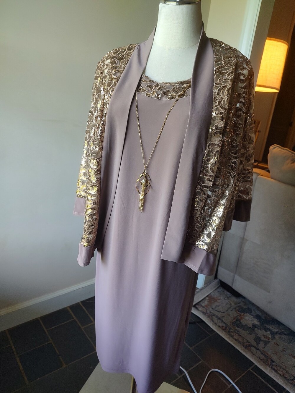RM Richards Pink Mauve Gold-Accent Embroidered Dress and Jacket Set 4 Petite